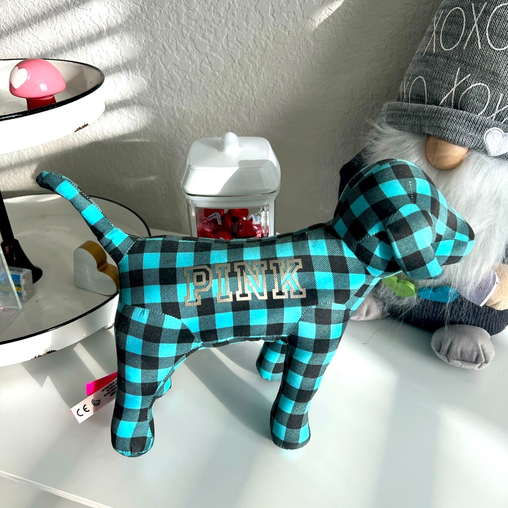 Pink Victoria’s Secrets plush dog checkered Blue